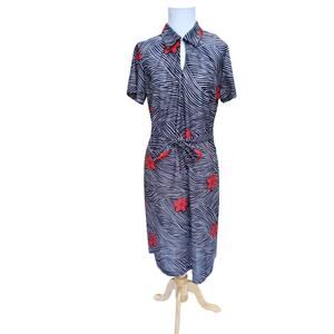 Vintage Belted Shirt Dress Black White Stripe Red Floral Short Sleeve Fits a M